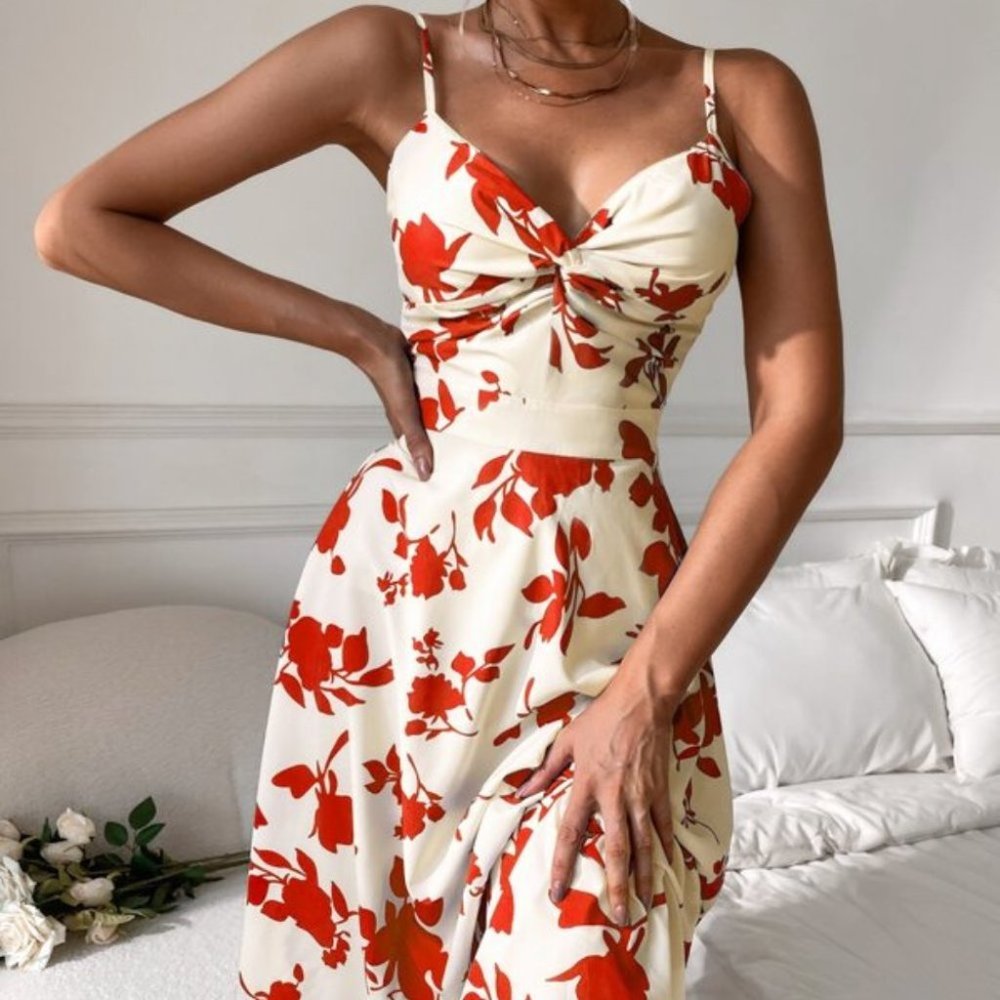 floral leaves print tie back cami maxi dress - Picture 5 of 9